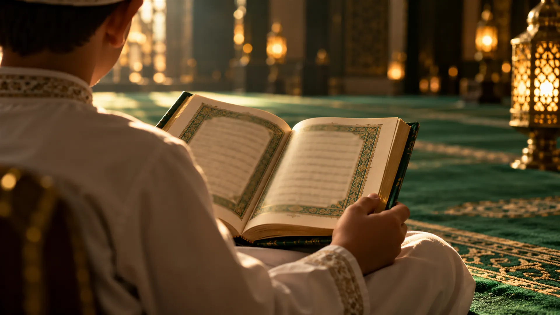طالب يقرأ في المصحف داخل المسجد